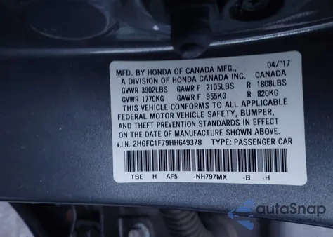 2017 Honda Civic Ex-L из США, поврежденный, VIN 2HGFC1F79HH649378